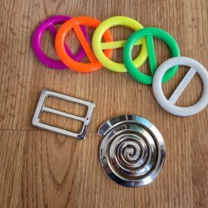 Vintage 80s Neon T-Shirt Ties & Chrome Cinch Buckles Bundle